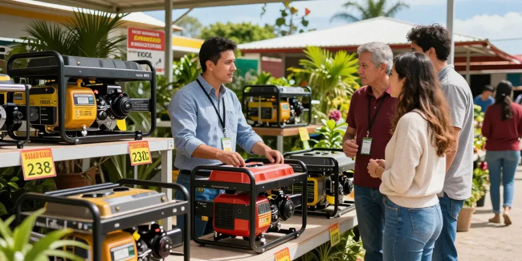 Clientes explorando plantas eléctricas en Venezuela en una tienda de generadores.