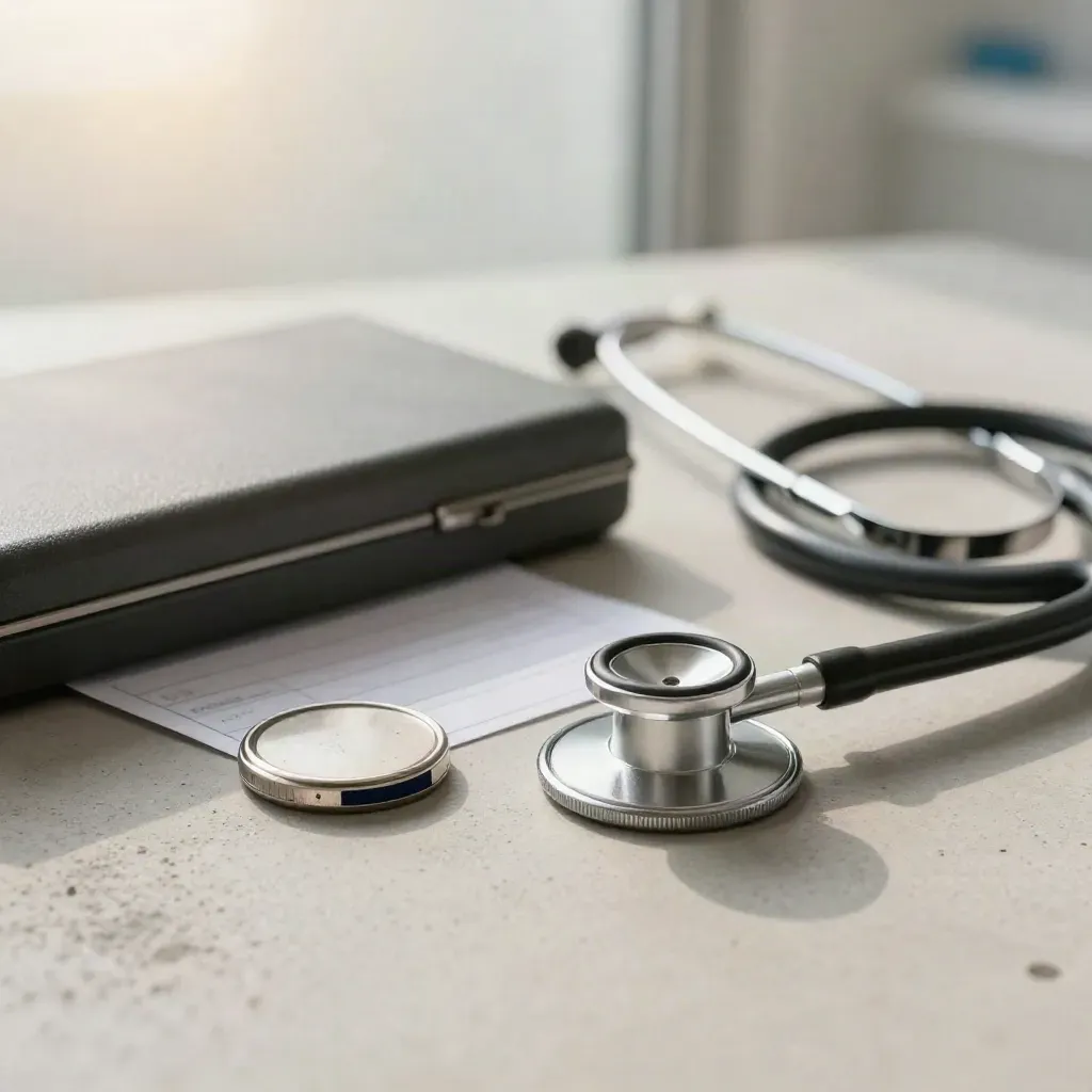 Stainless appointment tokens, blank cards, a matte case, and a stethoscope on pale concrete.