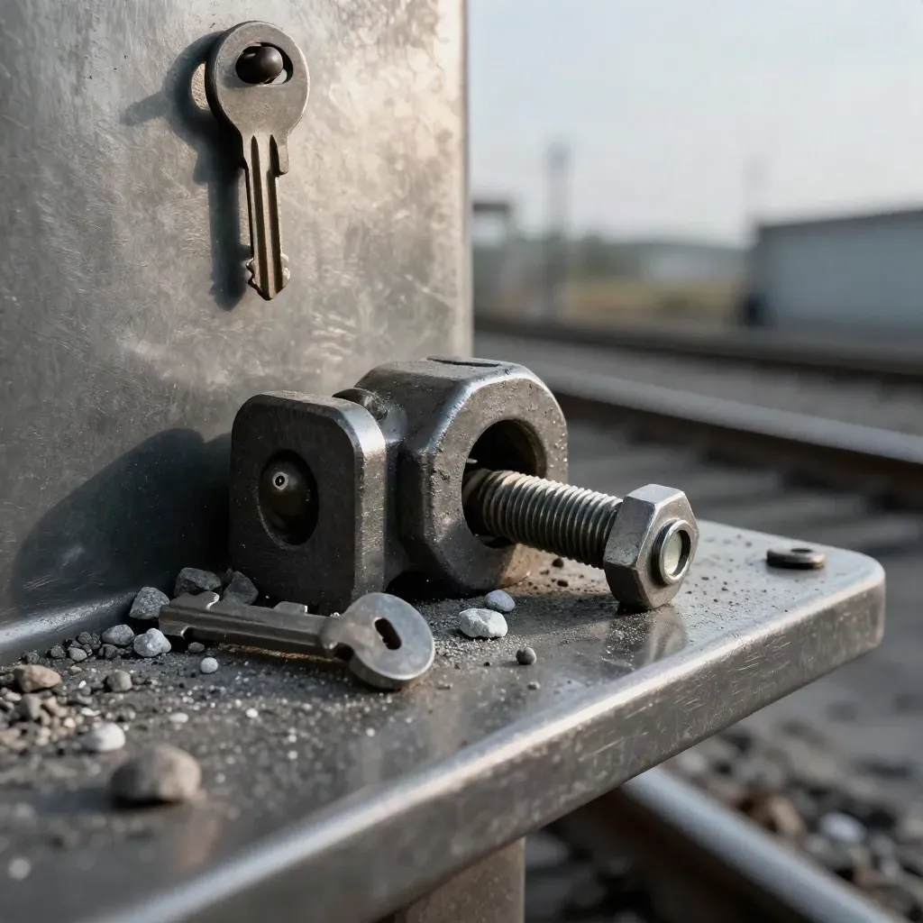 Railway coupler pin, signal key, track bolt and ballast stones on brushed metal.