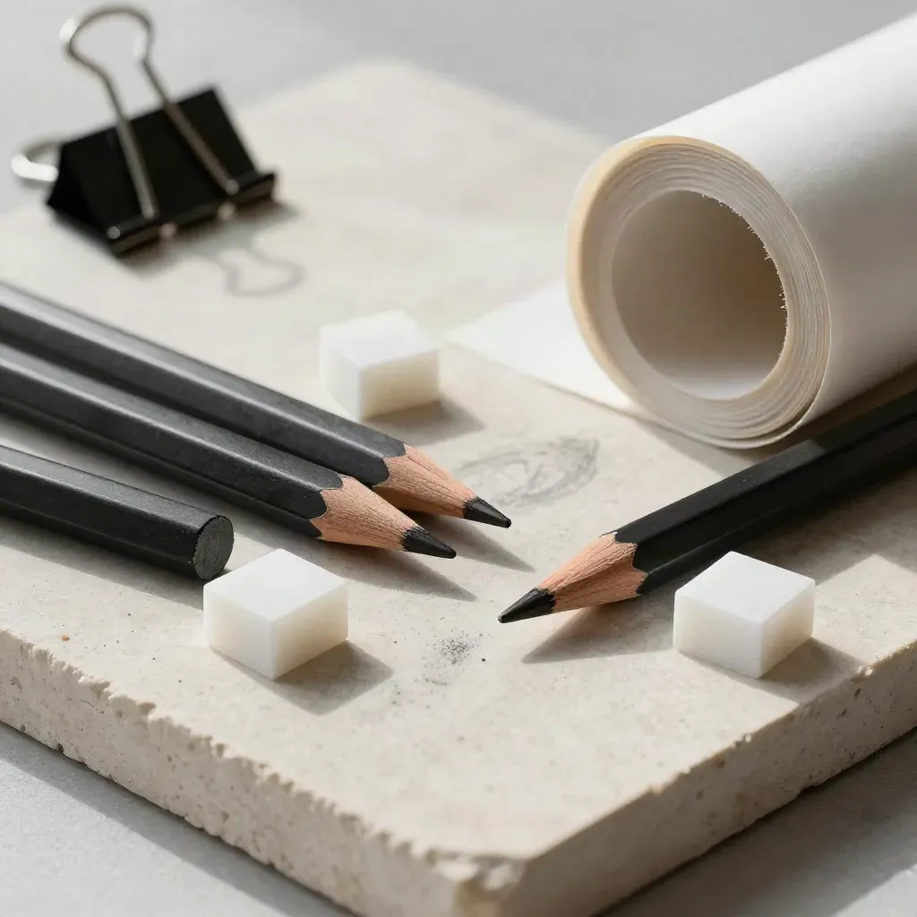 Graphite pencils, binder clips, acrylic blocks and tracing paper on cream stone under soft light