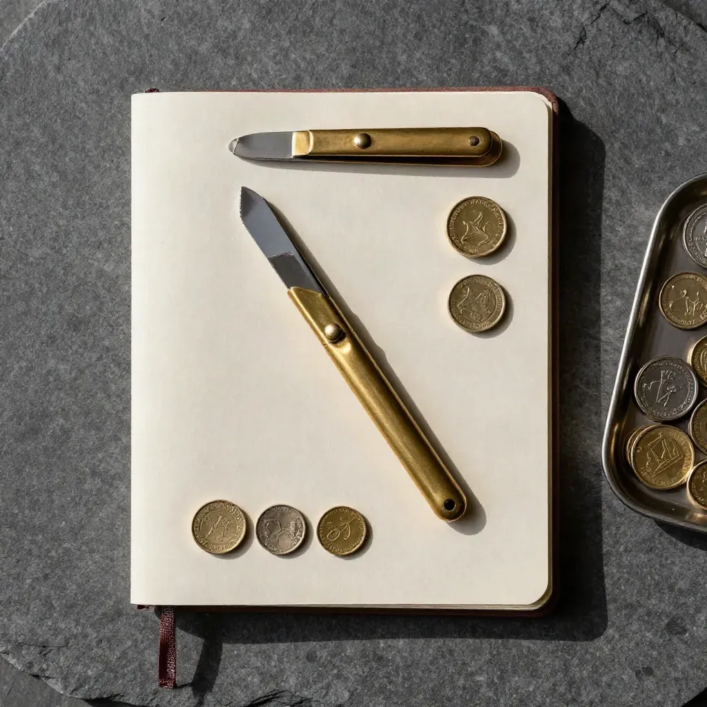 Closed ledger notebook with brass paperknife, coin weights, and metal tokens on graphite stone.