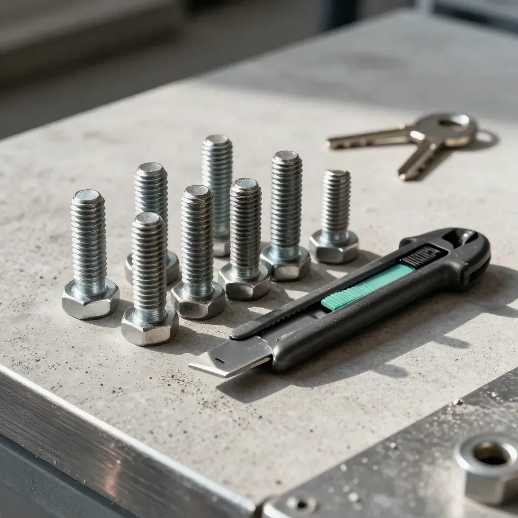 Industrial bolts, steel bracket and utility knife on dusted concrete in dramatic workshop light