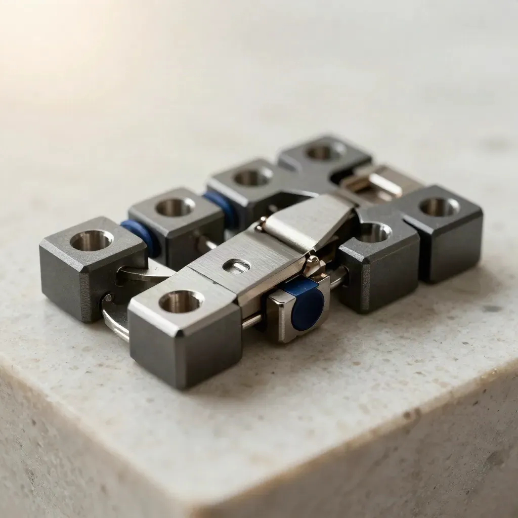 Top-down macro of graphite connector blocks, hinge, and aluminium standoffs on pale travertine.