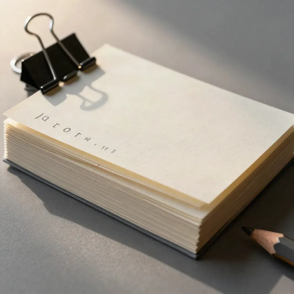 Macro of blank index cards clipped with a binder clip and pencil stub on graphite.