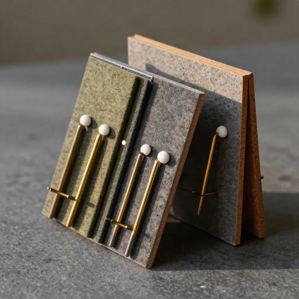 Modular pinboard tiles and brass pegs fanning into columns on graphite stone.