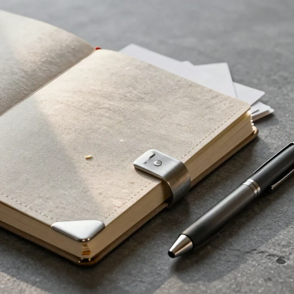 Close-up linen notebook, pen cap, and card stack on stone with soft dust