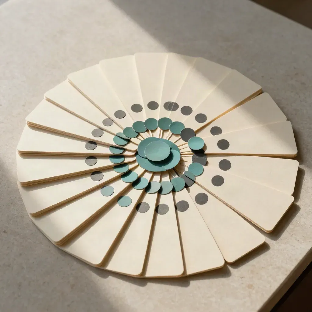 Top-down radial layout of tabbed cards, cords and paper discs on pale stone with muted teal accents.