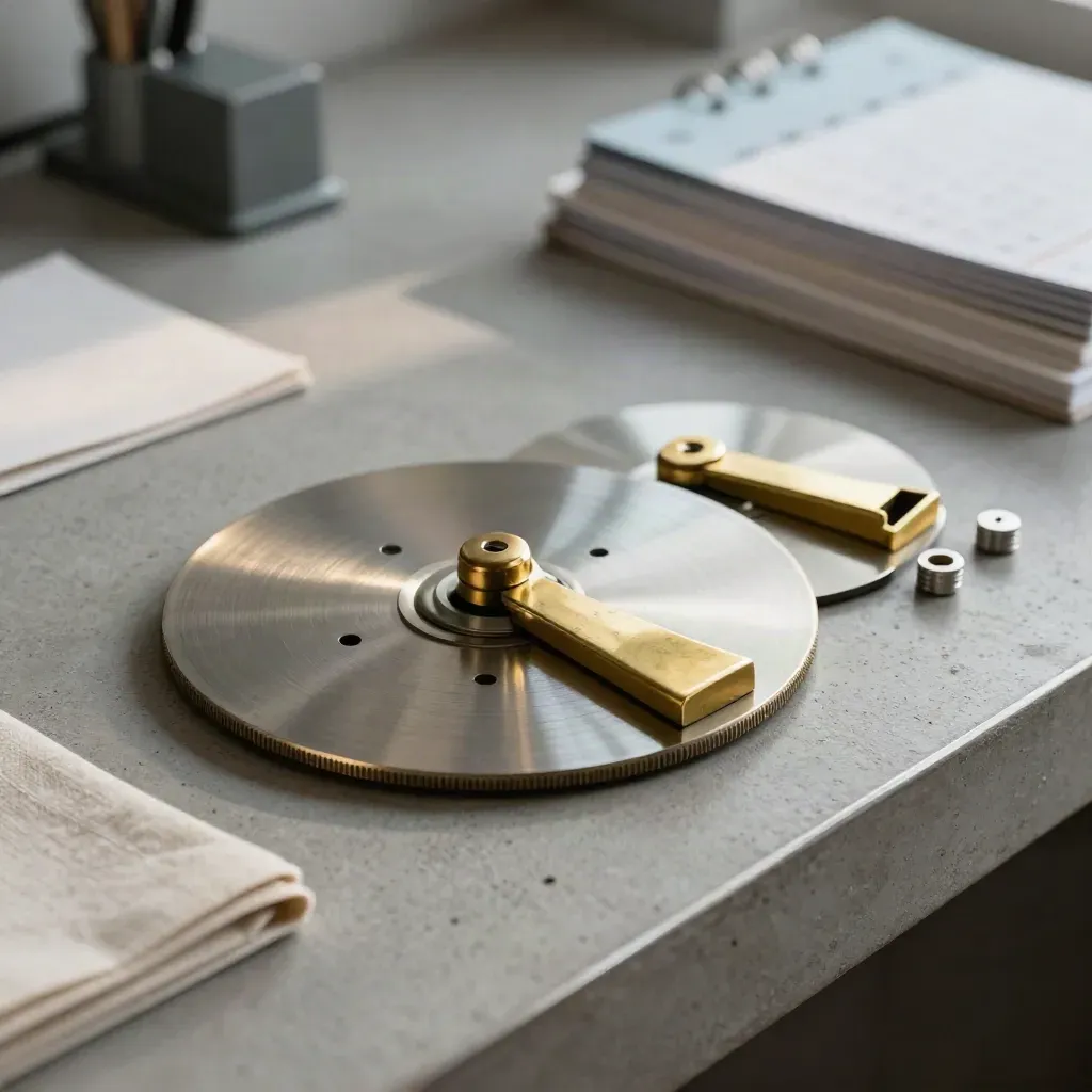 Calendar discs, punched tabs, and a brass marker on concrete in dramatic light.