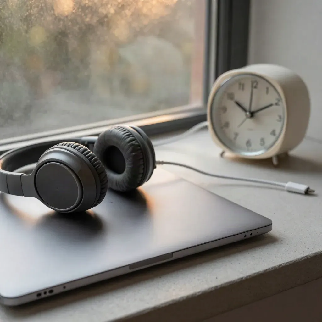 Closed laptop with headphones, desk clock, and cable on a frosted glass ledge.