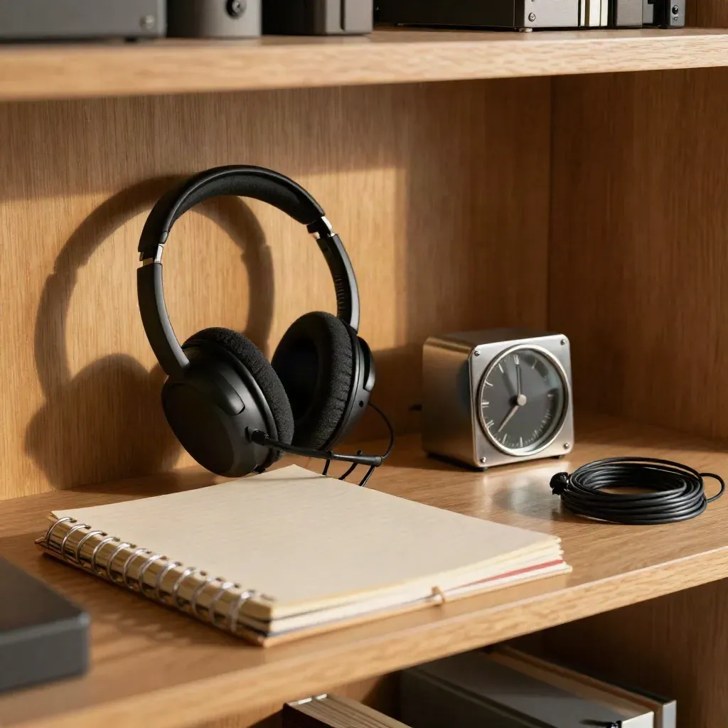 Black headset, ring-bound planner, cable ties and a desk timer on oak shelving in moody studio light.