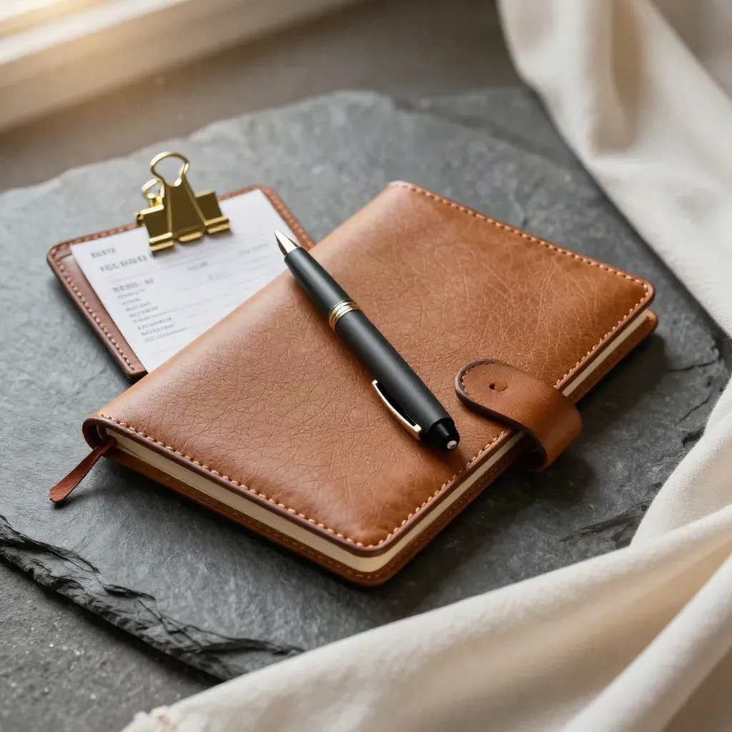 Macro flat lay of a freelance kit: notebook, pen, receipt wallet and brass clips on slate stone.