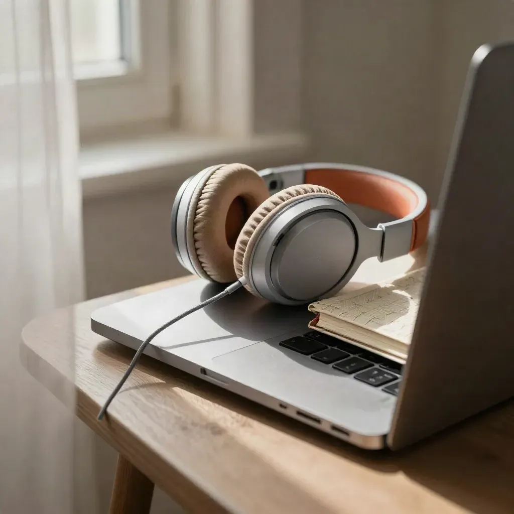 Close-up of a closed laptop, headphones, planner, and cable by a doorway in soft daylight.