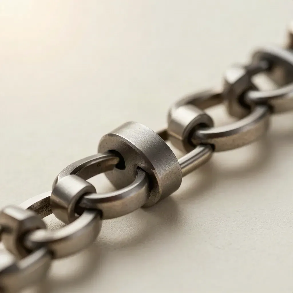 Macro of linked metal rings, precision connectors and a matte spacer on ivory stone.