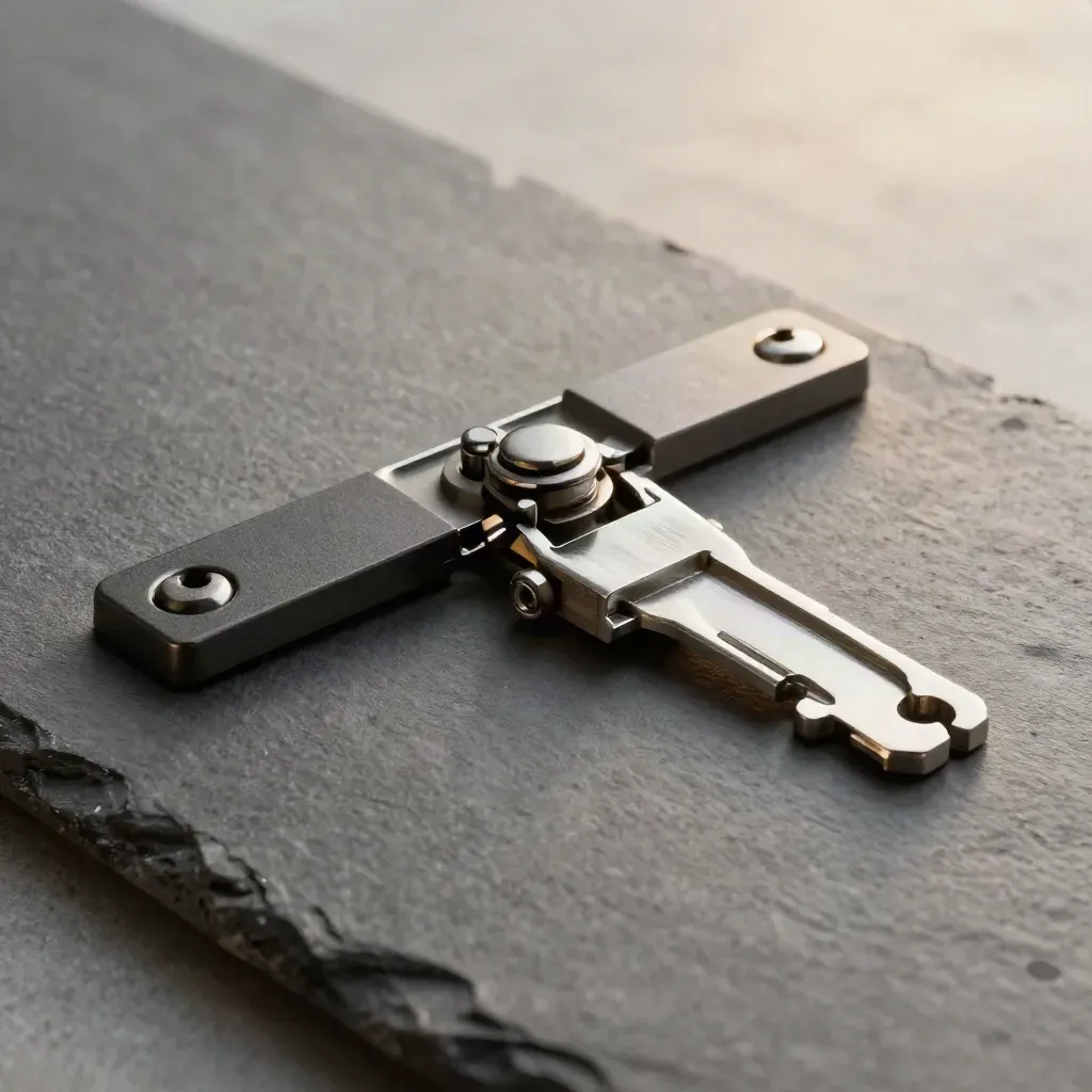 Graphite hinge plates and a steel joiner poised to dock on a slate concrete plinth.