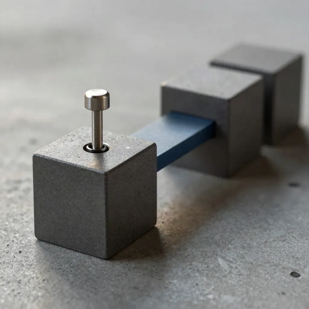 Grey modular blocks linked by a pin and bridge on concrete, side-lit in shallow focus.