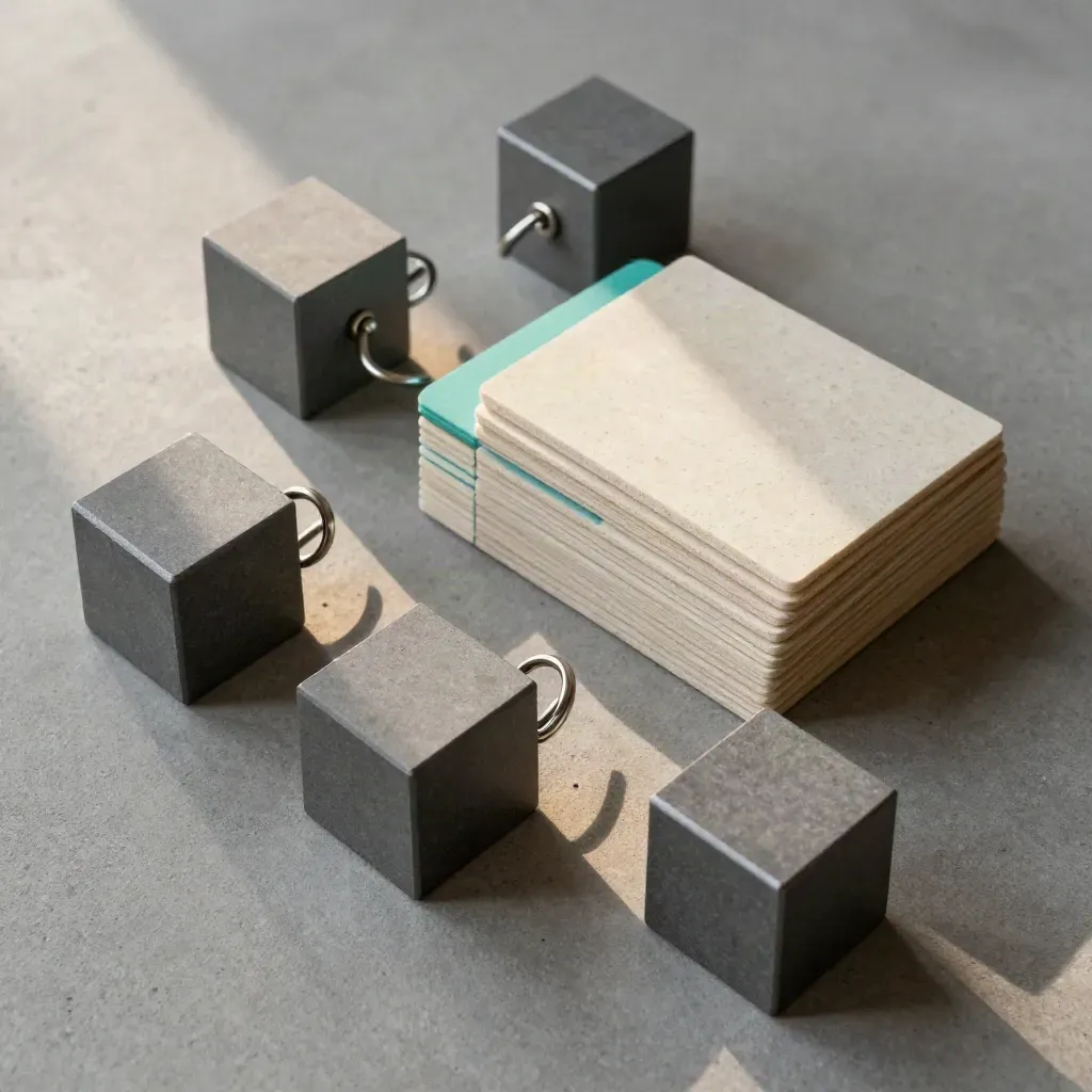 Graphite blocks, metal rings, and blank cards arranged in a clean modular flat lay with a teal accent.